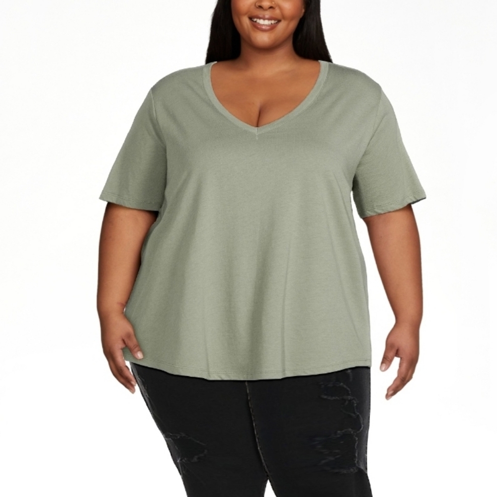 Terra & Sky Women's Shirt 2x Sage Green V-neck Short Sleeve Relaxed Fit T-shirt